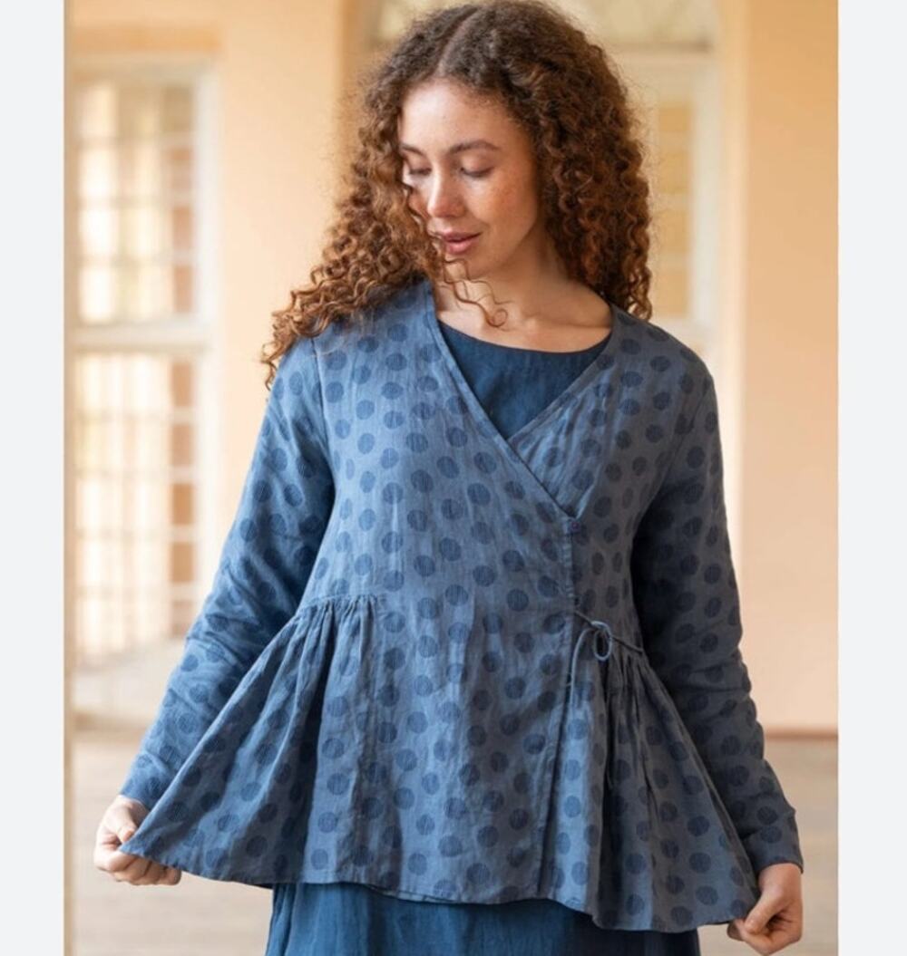 Gudrun Sjoden Piccolo Linen Wrap Blouse M Blue Dot Lagenlook Boho Tunic Top